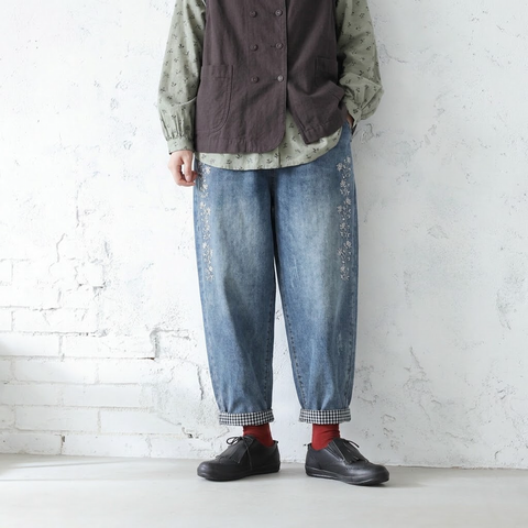 M-XL ゆったり好きの すっきり刺繍チェック柄デニムパンツ M ブルー