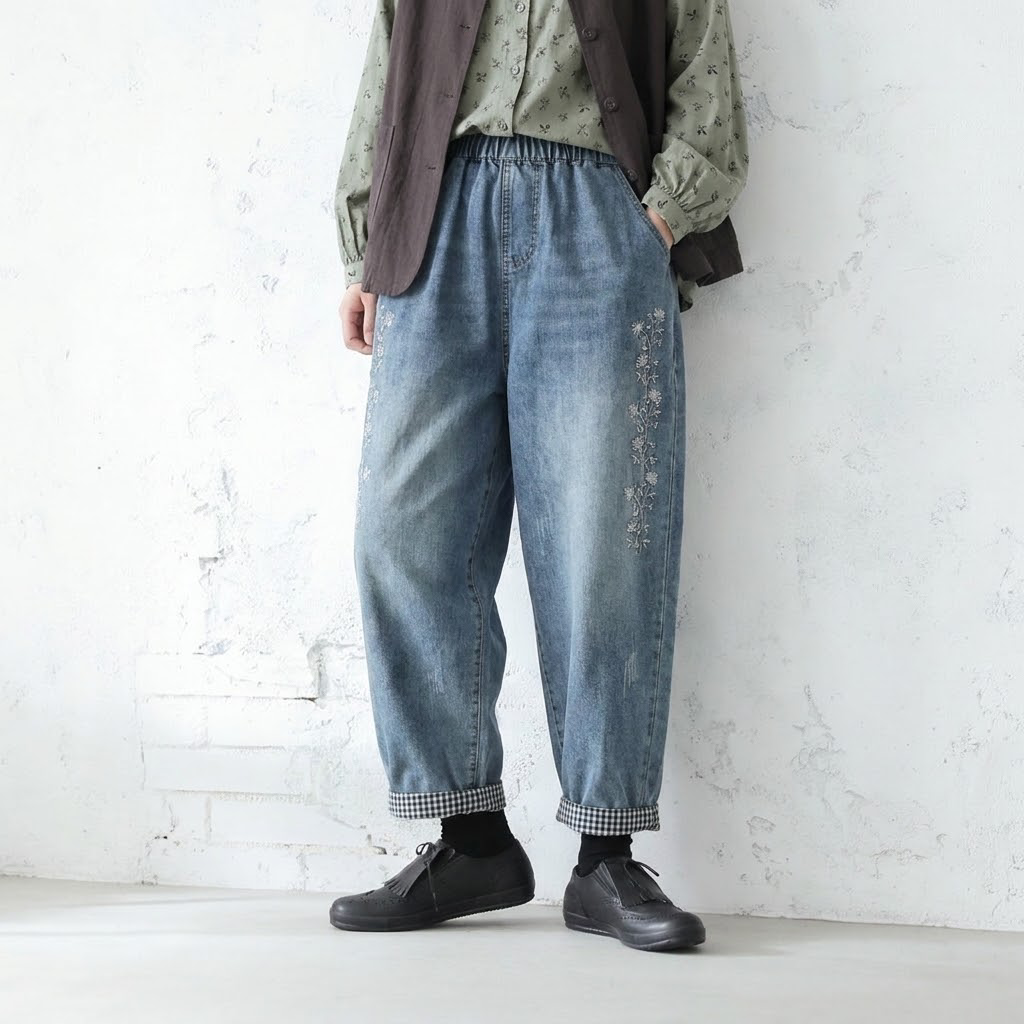 M-XL ゆったり好きの すっきり刺繍チェック柄デニムパンツ M ブルー