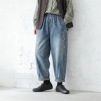 M-XL ゆったり好きの すっきり刺繍チェック柄デニムパンツ M ブルー