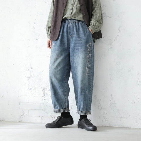 M-XL ゆったり好きの すっきり刺繍チェック柄デニムパンツ M ブルー