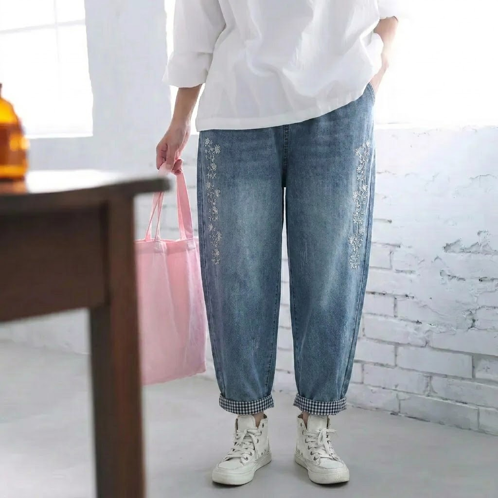 M-XL ゆったり好きの すっきり刺繍チェック柄デニムパンツ M ブルー