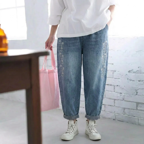 M-XL ゆったり好きの すっきり刺繍チェック柄デニムパンツ M ブルー