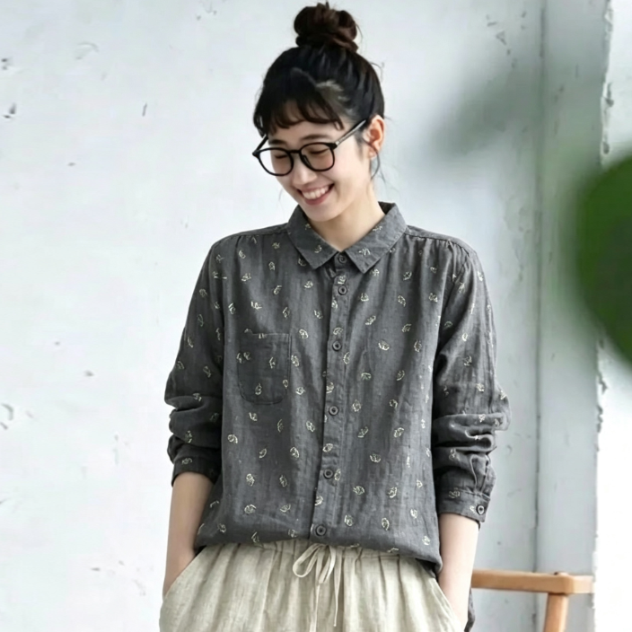 ML 季節の変わり目 花柄 プリント 軽やか きれいめ 長袖 シャツ L グレー