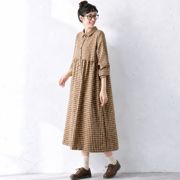 M-2XL プリーツ ボタン チェック柄 長袖 カジュアル ワンピース M コーヒー