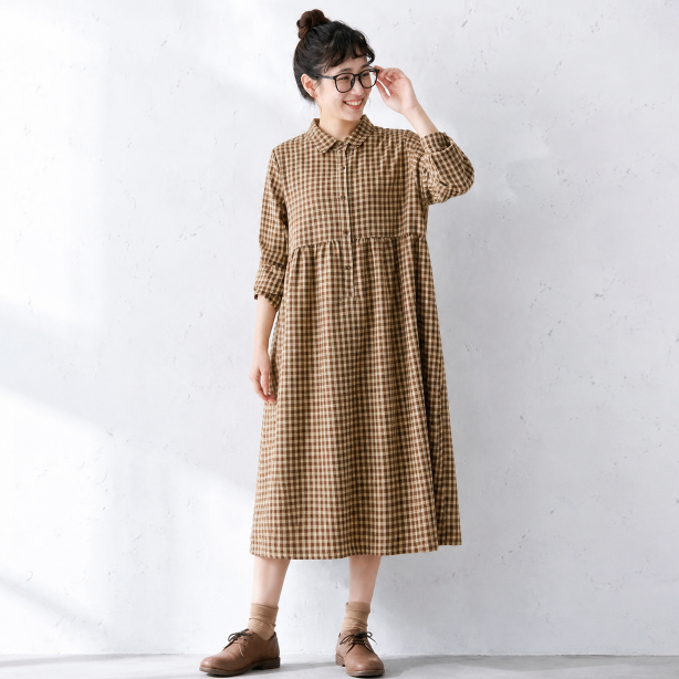 M-2XL プリーツ ボタン チェック柄 長袖 カジュアル ワンピース M コーヒー