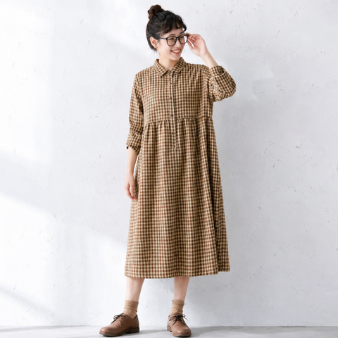 M-2XL プリーツ ボタン チェック柄 長袖 カジュアル ワンピース M コーヒー