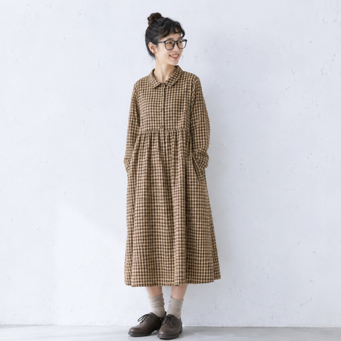 M-2XL プリーツ ボタン チェック柄 長袖 カジュアル ワンピース M コーヒー