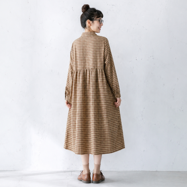 M-2XL プリーツ ボタン チェック柄 長袖 カジュアル ワンピース M コーヒー