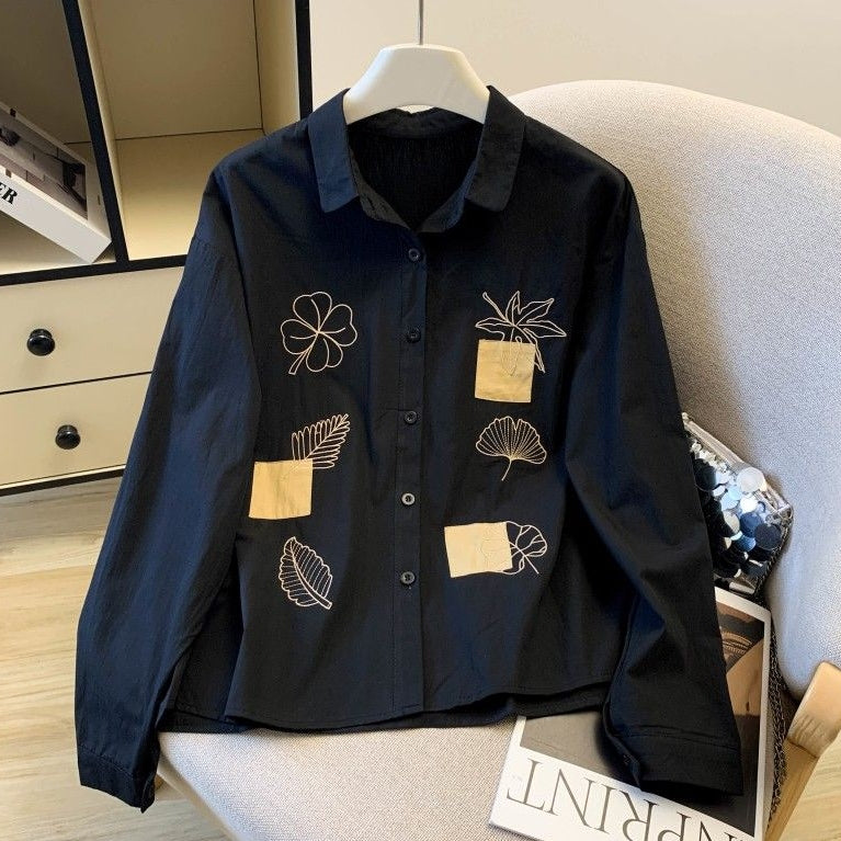S-2XL 主役級 刺繍 折り襟 シングルブレスト 長袖 シャツ S ホワイト