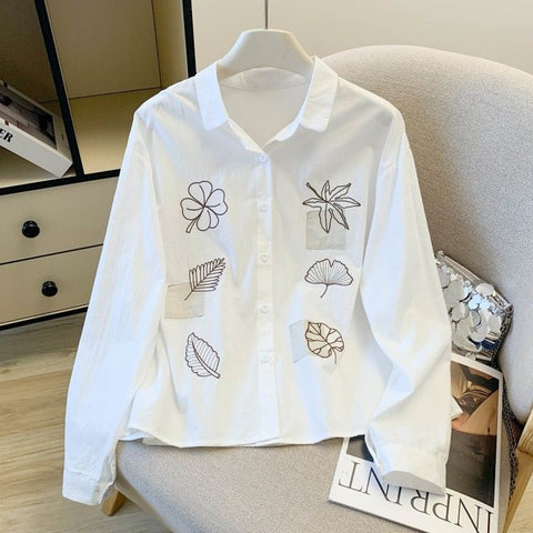 S-2XL 主役級 刺繍 折り襟 シングルブレスト 長袖 シャツ S ホワイト
