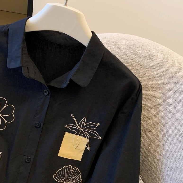 S-2XL 主役級 刺繍 折り襟 シングルブレスト 長袖 シャツ S ホワイト