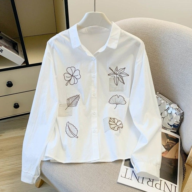 S-2XL 主役級 刺繍 折り襟 シングルブレスト 長袖 シャツ 2XL ホワイト