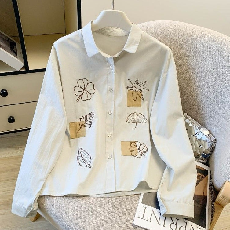 S-2XL 主役級 刺繍 折り襟 シングルブレスト 長袖 シャツ 2XL ベージュグレー