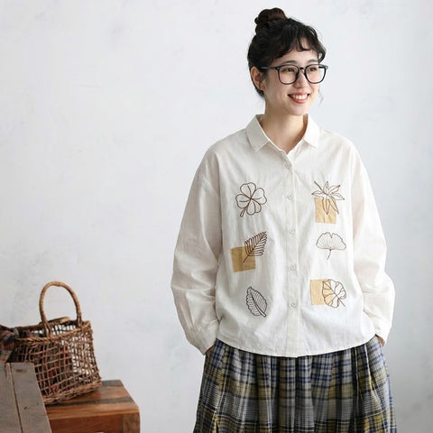 S-2XL 主役級 刺繍 折り襟 シングルブレスト 長袖 シャツ S ホワイト