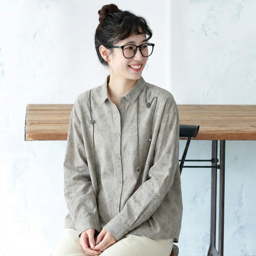 M-2XL POLOネック 森ガール プリント 長袖 体型をカバー シャツ 2XL グレーカーキ