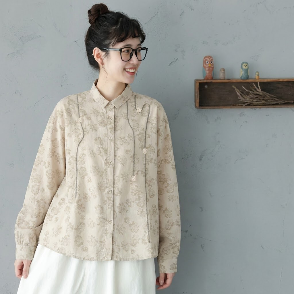 M-2XL POLOネック 森ガール プリント 長袖 体型をカバー シャツ 2XL アプリコット