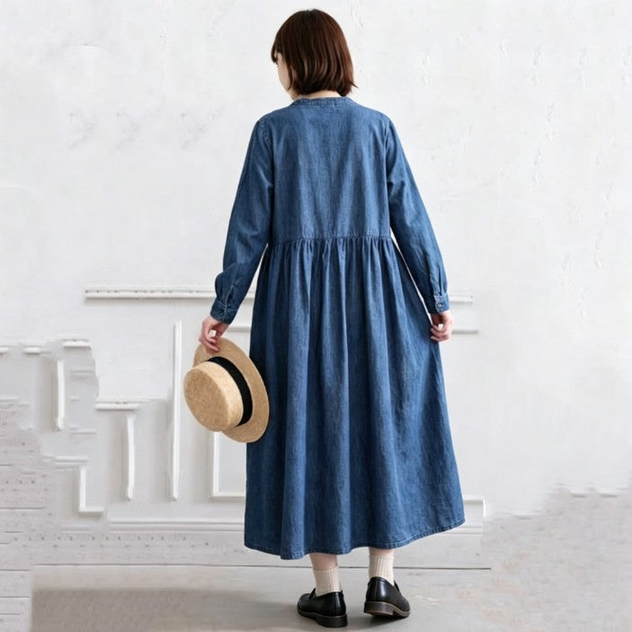M-2XL デニム シャツカラー プリーツ ダブルボタン ゆったり シーズン移行向け 長袖 ワンピース M ネイビー