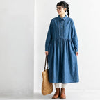M-2XL デニム シャツカラー プリーツ ダブルボタン ゆったり シーズン移行向け 長袖 ワンピース M ネイビー