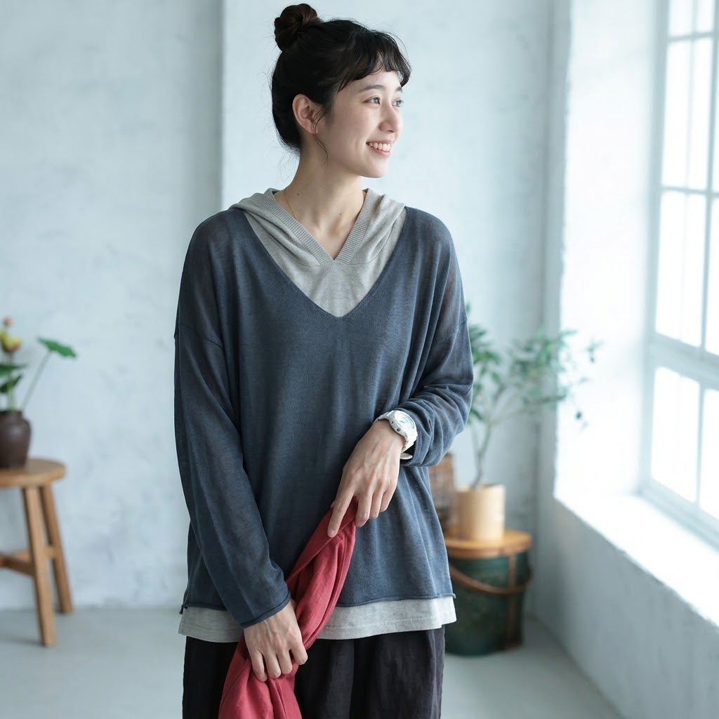 M-2XL 重ね着風 フード付き 配色 長袖 レトロ Tシャツ 2XL グレー
