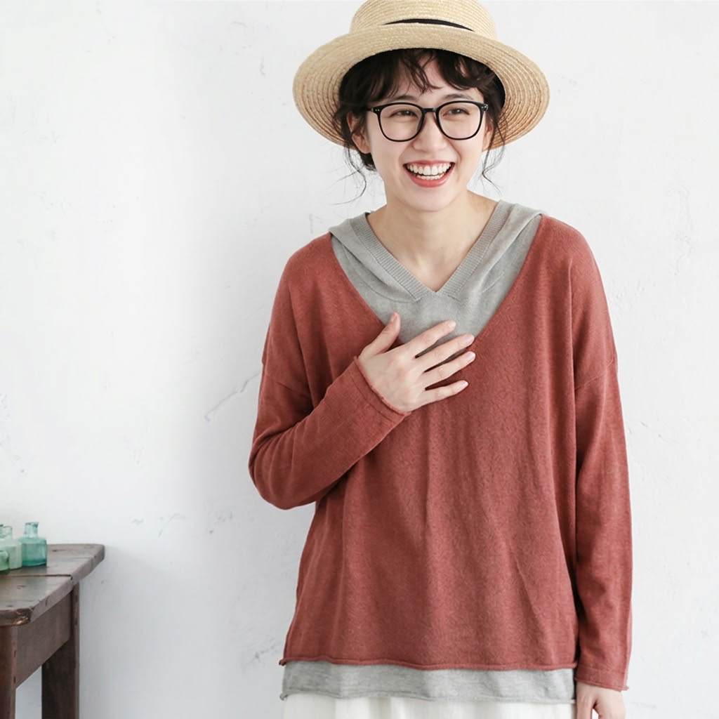 M-2XL 重ね着風 フード付き 配色 長袖 レトロ Tシャツ 2XL レッド