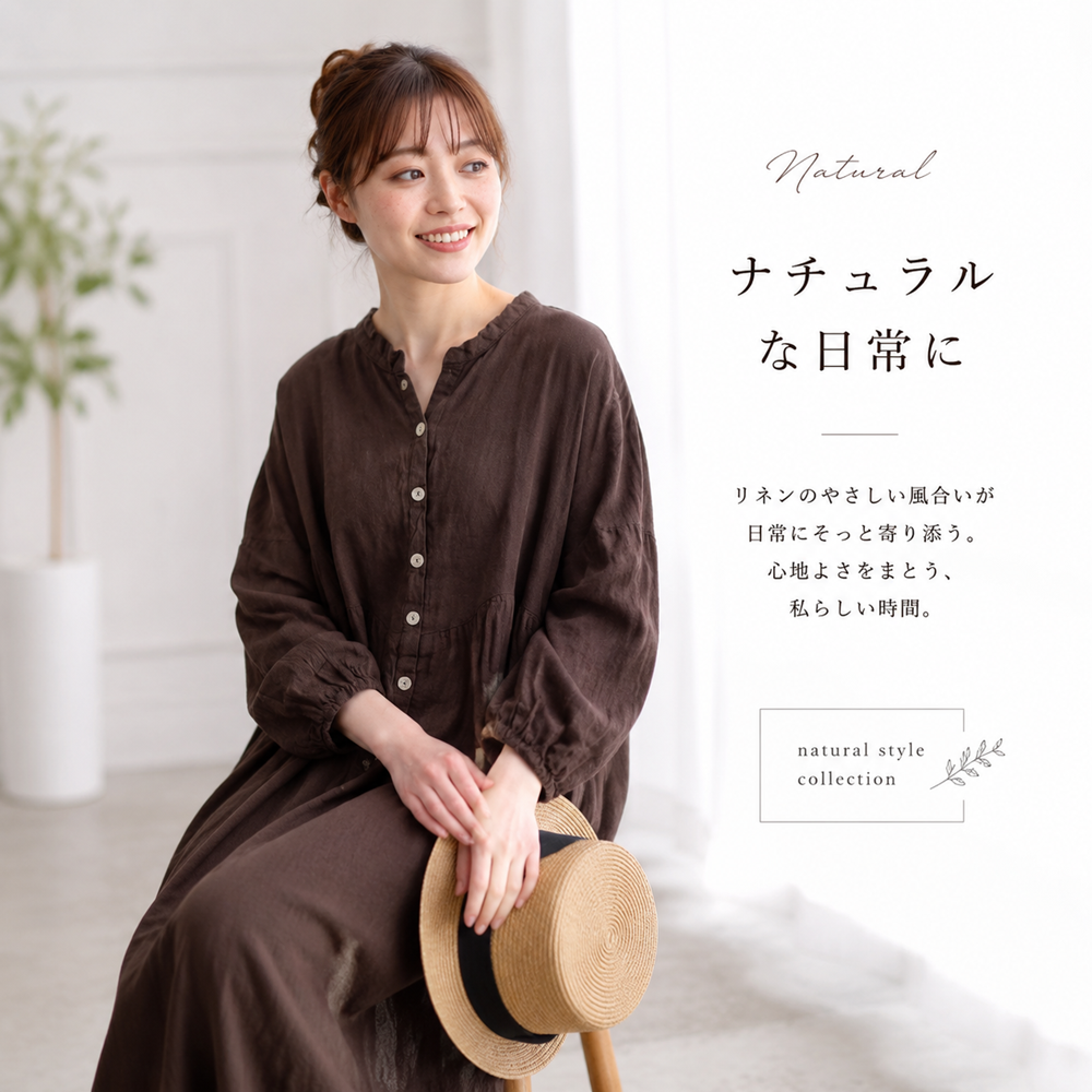 M・L ランタンスリーブ 綿麻 無地  ストレート ボタン 長袖 レトロ カジュアルワンピース M マルーンパープル