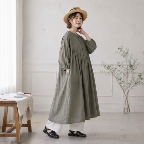 M・L ランタンスリーブ 綿麻 無地  ストレート ボタン 長袖 レトロ カジュアルワンピース M マルーンパープル