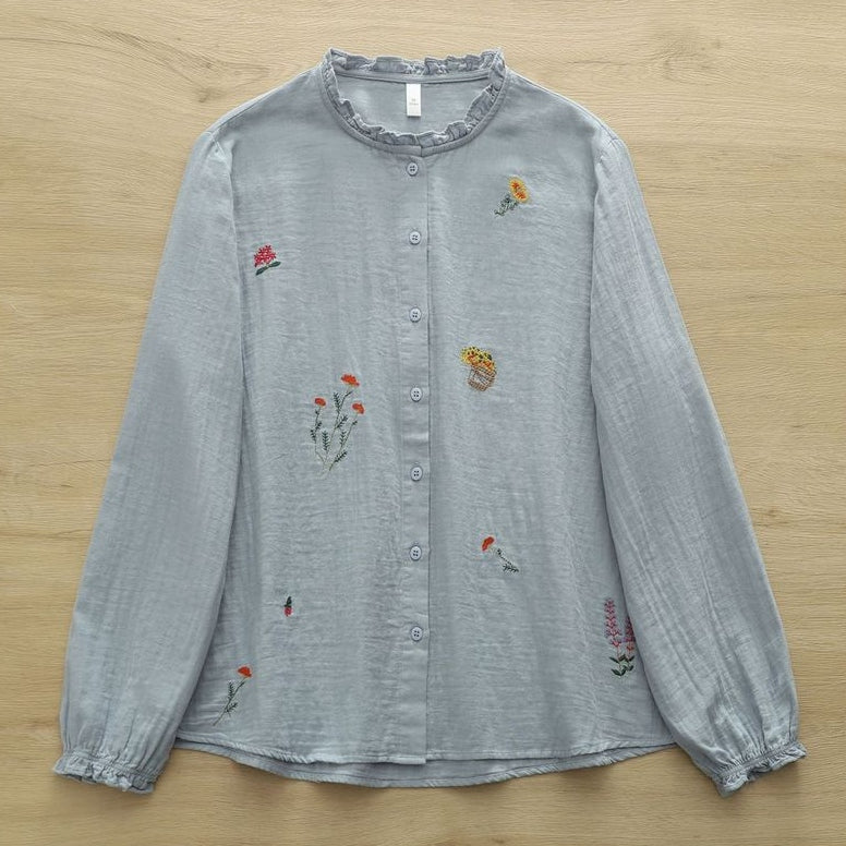 M-L 大人可愛い 長袖 スウィート 刺繍 フリル ボタン シャツ L ブルー