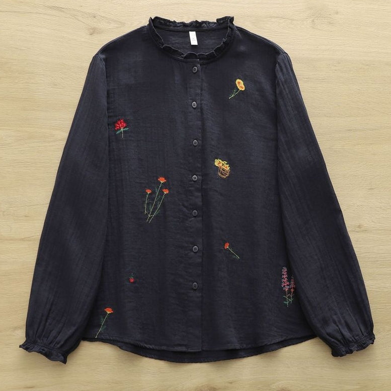 M-L 大人可愛い 長袖 スウィート 刺繍 フリル ボタン シャツ L ネイビー