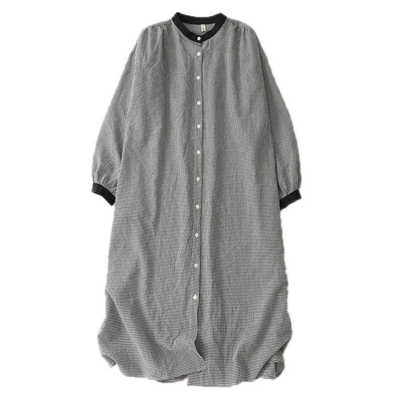 M-2XL レトロ チェック柄 ボタン 長袖 Aライン ワンピース M 写真通り