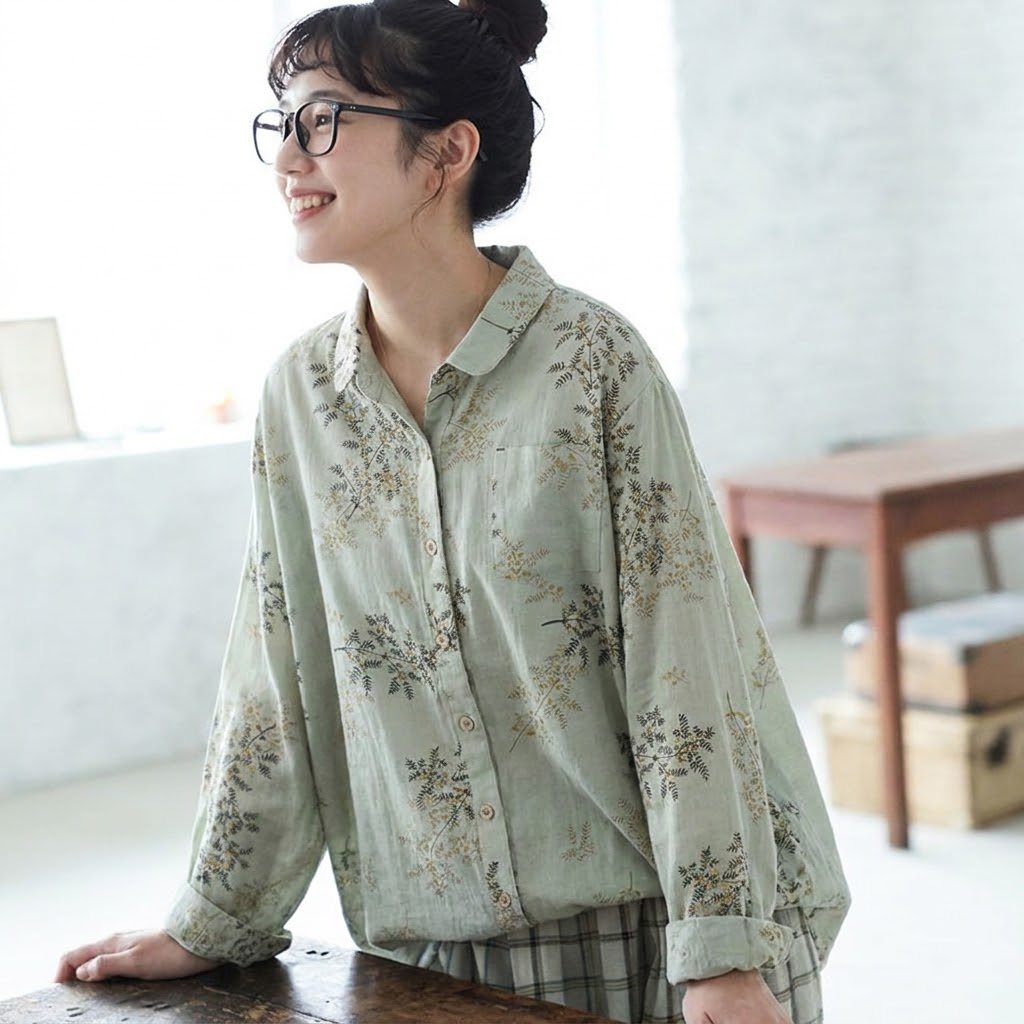 トレンドを先取り♪ 長袖 折り襟 シングルブレスト 森ガール プリント シャツ フリー ピンク
