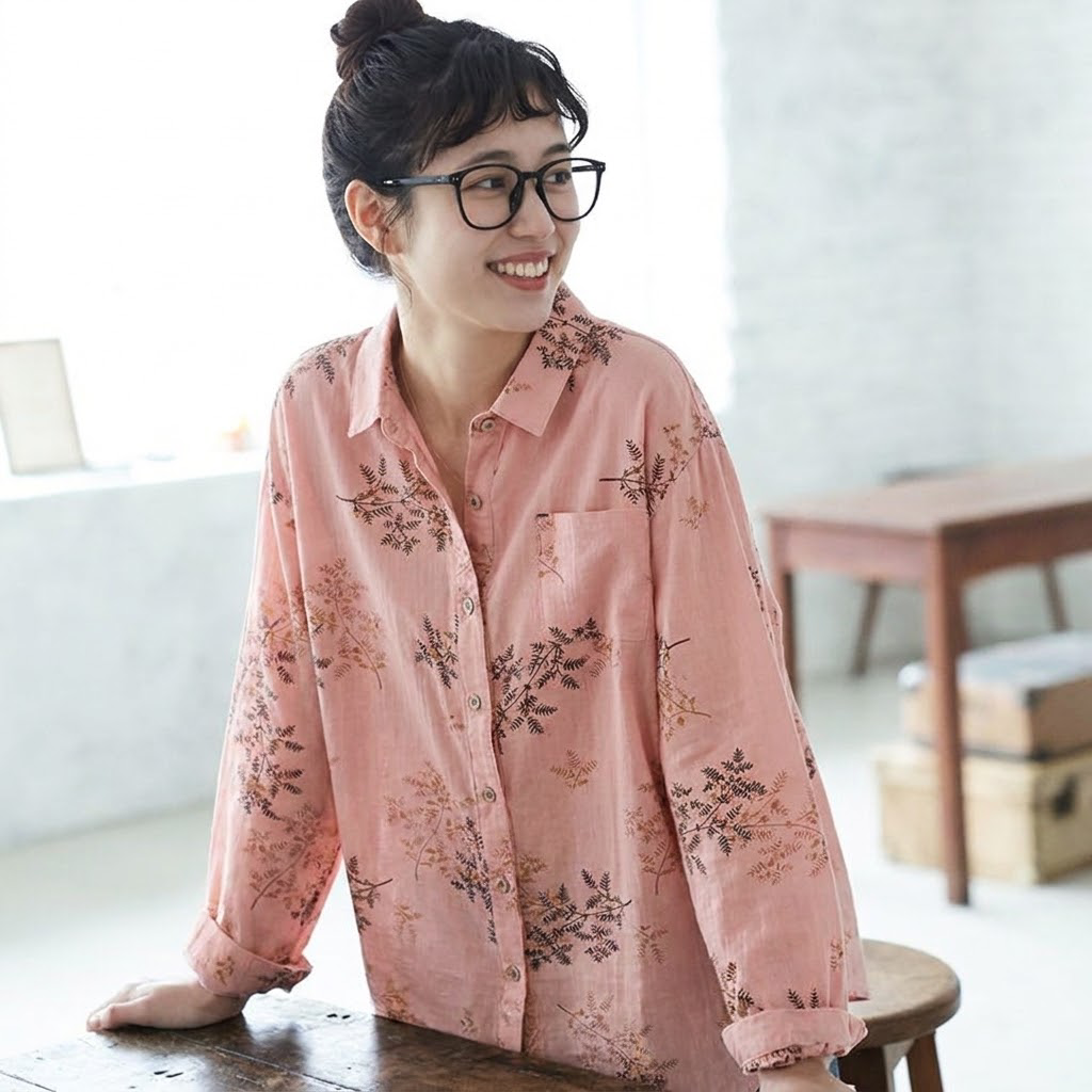 トレンドを先取り♪ 長袖 折り襟 シングルブレスト 森ガール プリント シャツ フリー ピンク