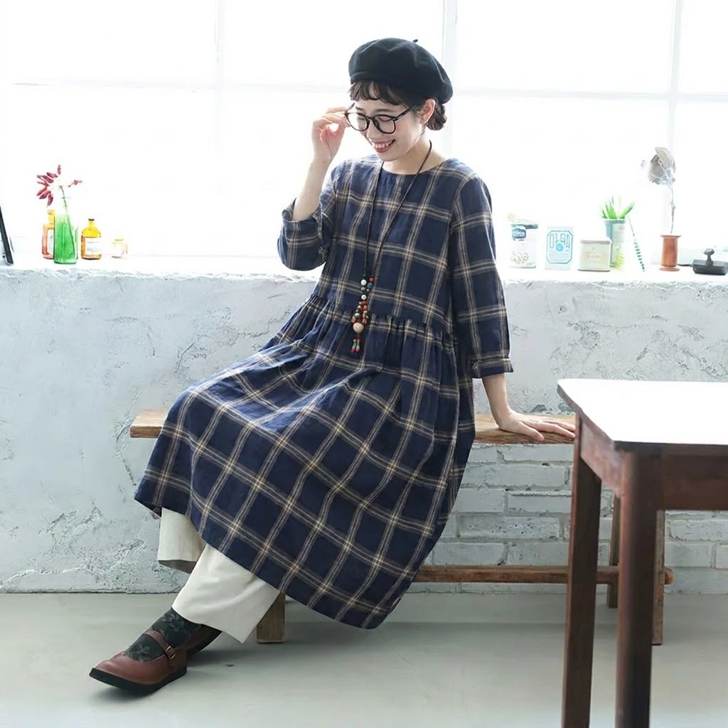 M-2XL コットン 秋のはじまりは チェックの柄から 長袖ワンピース M 写真通り
