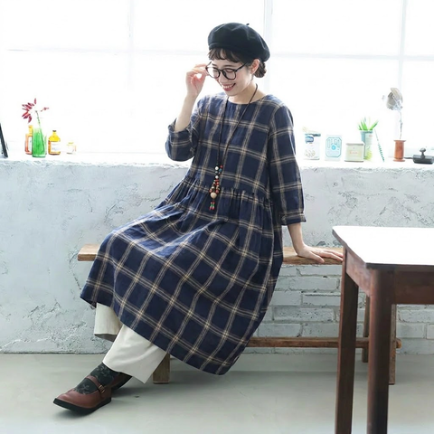 M-2XL コットン 秋のはじまりは チェックの柄から 長袖ワンピース M 写真通り
