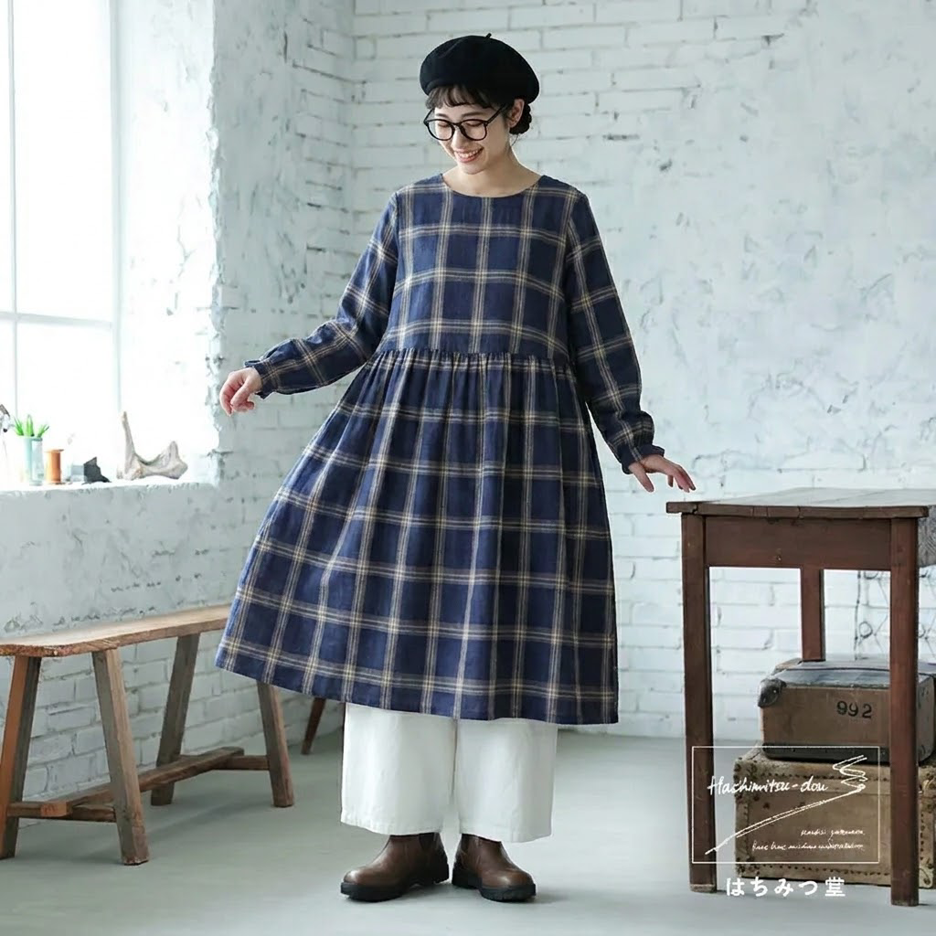 M-2XL コットン 秋のはじまりは チェックの柄から 長袖ワンピース M 写真通り