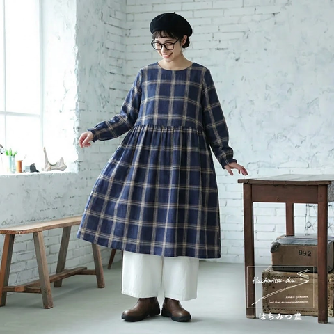 M-2XL コットン 秋のはじまりは チェックの柄から 長袖ワンピース M 写真通り