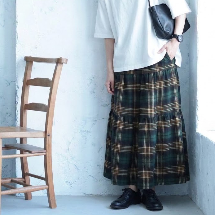 SML 超人気 切り替え Aライン チェック柄 レトロ スカート L グリーン (チェック柄)