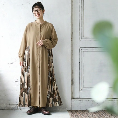 幾何模様 プリント シングルブレスト ファッション 長袖 スタンドネック ワンピース フリー ブラック