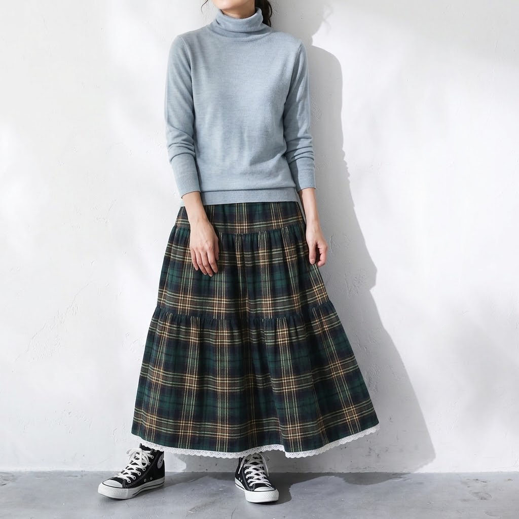 SML 超人気 切り替え Aライン チェック柄 レトロ スカート S グリーン (チェック柄)