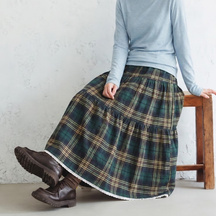 SML 超人気 切り替え Aライン チェック柄 レトロ スカート S グリーン (チェック柄)