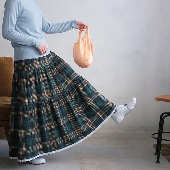 SML 超人気 切り替え Aライン チェック柄 レトロ スカート S グリーン (チェック柄)