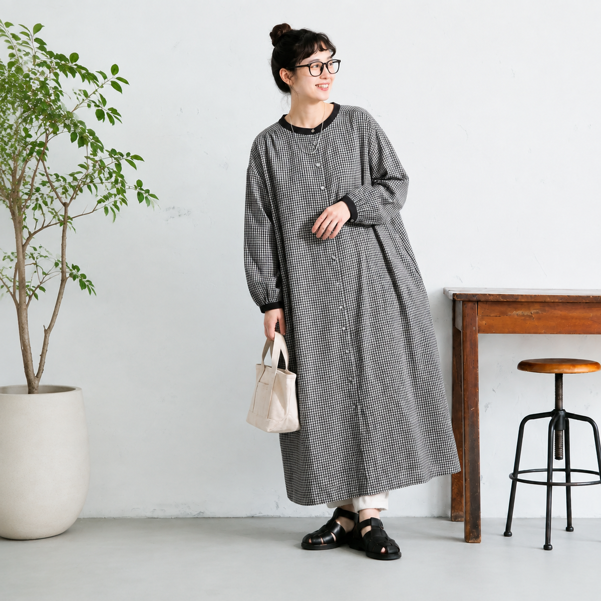 【コットン】M-2XL 長く着られる シンプル チェック柄 長袖 ワンピース M 写真通り