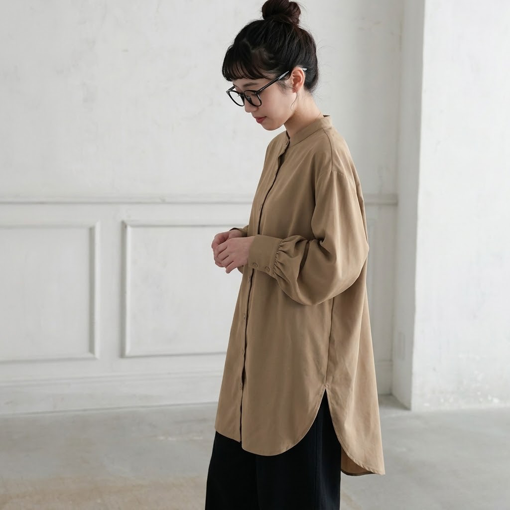 M-L シンプル ファッション 無地 シングルブレスト スリット 長袖 シャツ L ブラウン