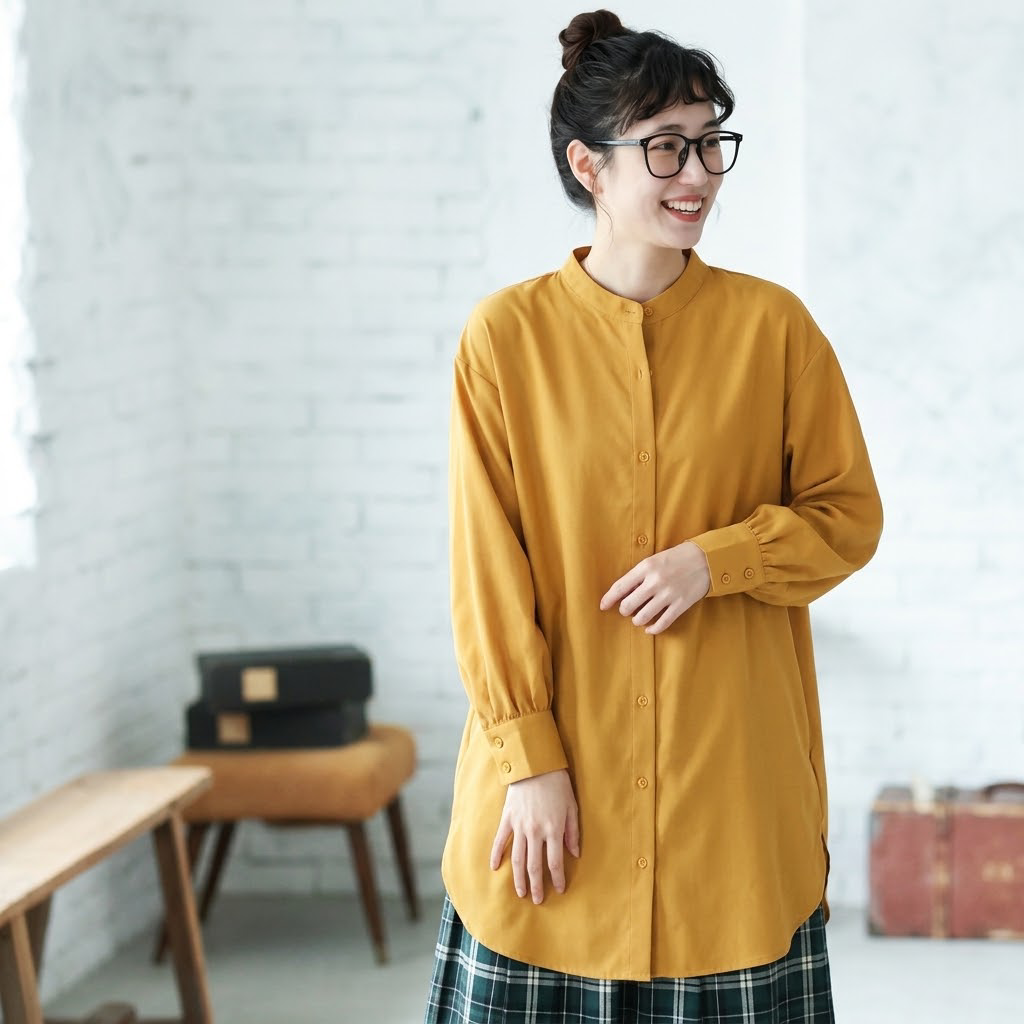 M-L シンプル ファッション 無地 シングルブレスト スリット 長袖 シャツ L イエロー