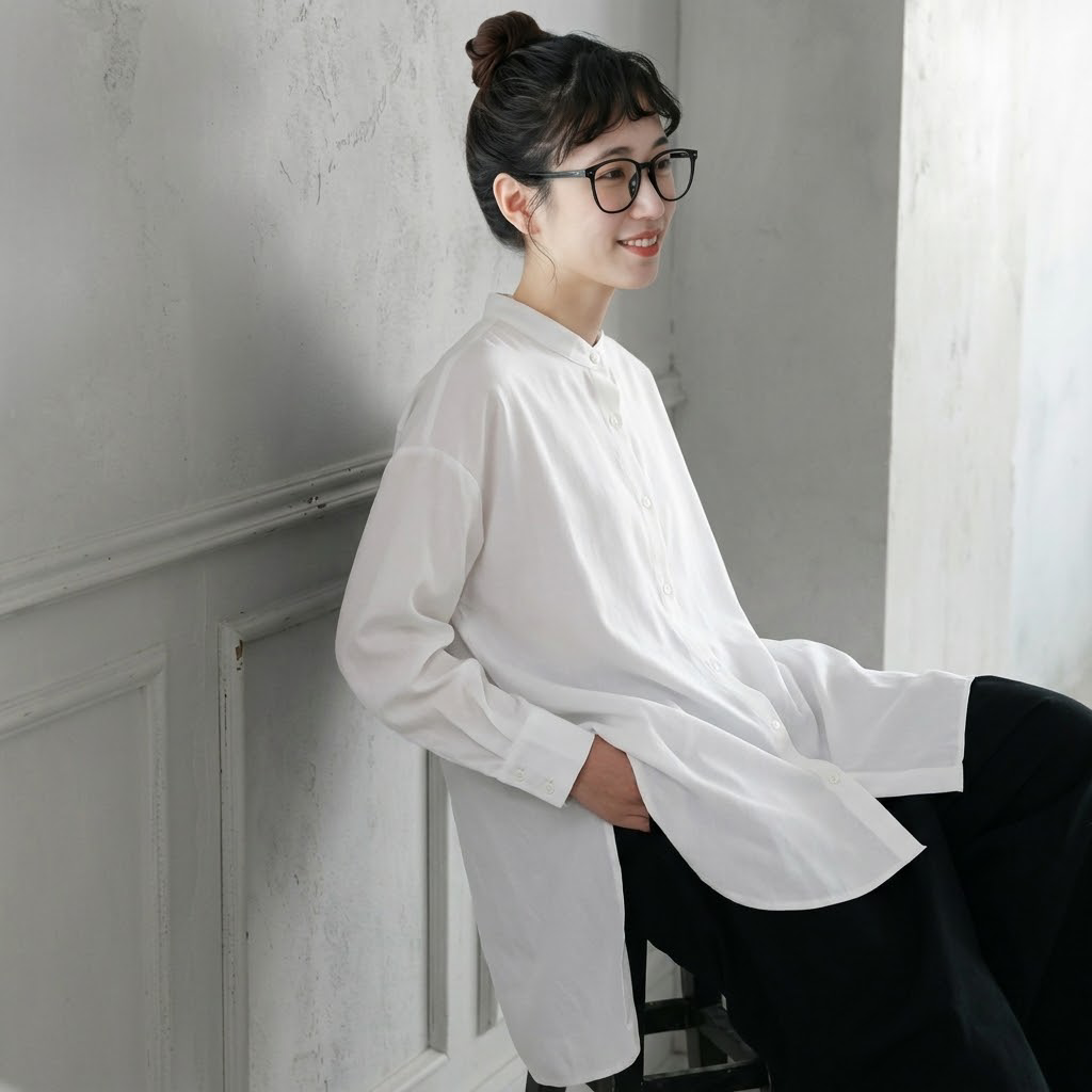 M-L シンプル ファッション 無地 シングルブレスト スリット 長袖 シャツ L ホワイト