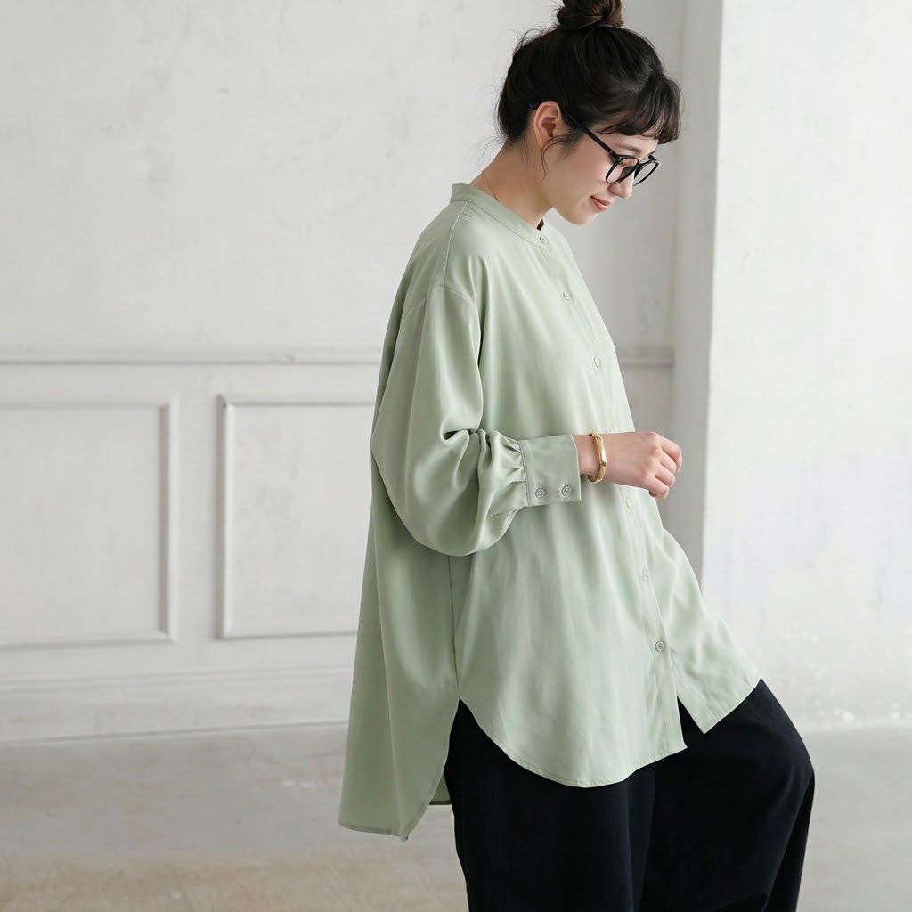 M-L シンプル ファッション 無地 シングルブレスト スリット 長袖 シャツ M ライトグリーン