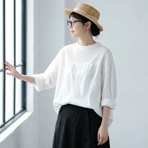M-2XL さりげない甘さ なみなみレースの大人ブラウス M ホワイト