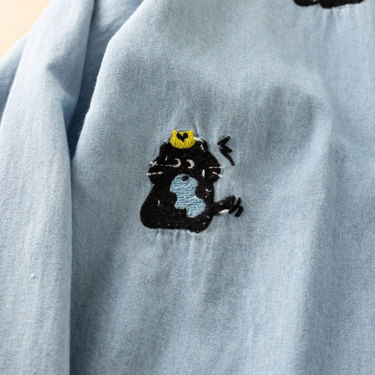 動物柄 刺繍 森ガール 折り襟 シングルブレスト 長袖 シャツ フリー 写真と同じ