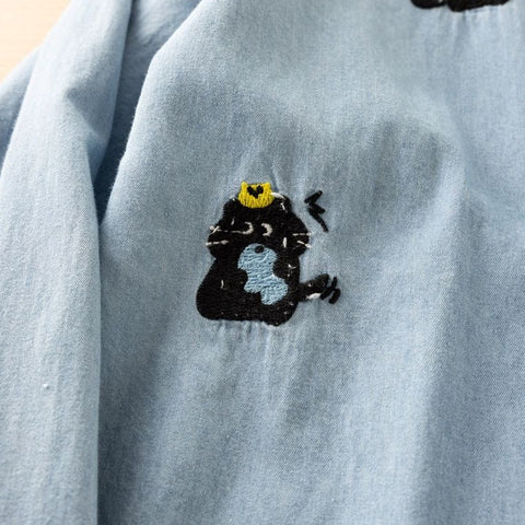 動物柄 刺繍 森ガール 折り襟 シングルブレスト 長袖 シャツ フリー 写真と同じ