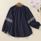 M-2XL スタンドネック フェミニン レトロ 刺繍 長袖 シャツ M ネイビー
