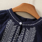 M-2XL スタンドネック フェミニン レトロ 刺繍 長袖 シャツ M ネイビー